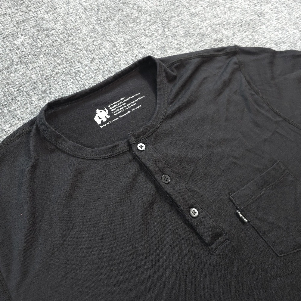 Woolly Shirt Mens Large Black 100% Merino Wool Henley Pocket Tee Base Layer Hike
